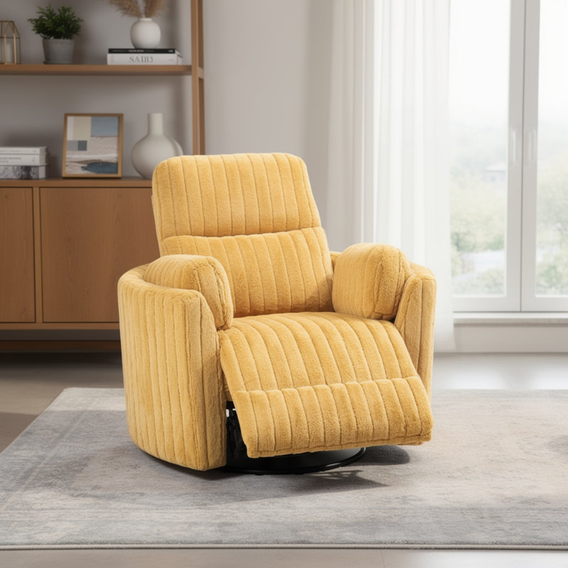 Fauteuil inclinable électrique oscillant avec pivot Bela, bois d'eucalyptus, tissu jaune, Yellow Polyester