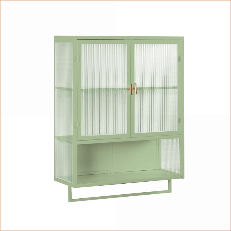 Cabinets Modern Two-Door Wall-Mounted Storage Cabinet with Sage Green Iron + Tempered Glass, Open Shelf &amp; Towel Rack for Entryway Living Room Bathroom Dining Room | Sage Green | Glass+Metal
