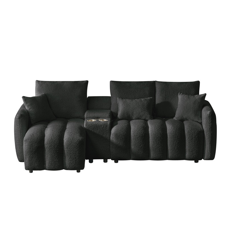 Canapé modulaire 91,7 po en tissu de première qualité, canapé modulaire Cloud avec console, chargeur USB, porte-gobelet, mobilier de rangement intérieur pour le salon, appartement, noir