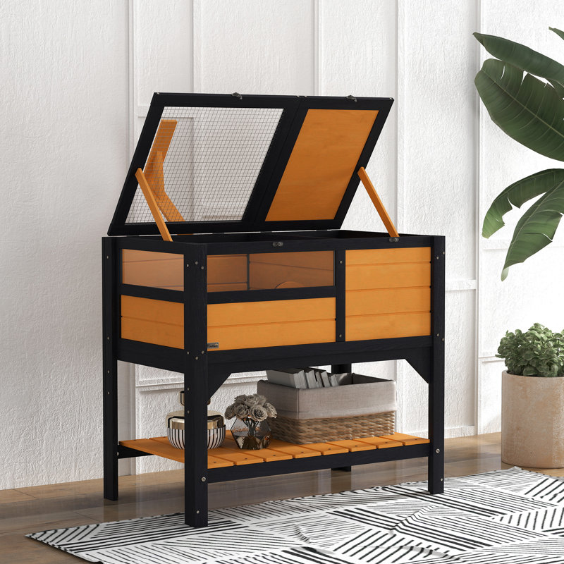 Wooden Tortoise House with Run Shelter Shelf Lamp Holder Yellow
