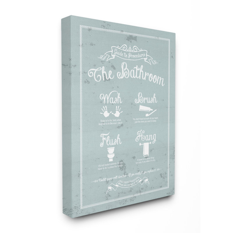 Guide to Procures Bathroom par lettré et doublé - impression d'art textuel, H 20 po x l 16 po x P 1,5 po, Toile tendue