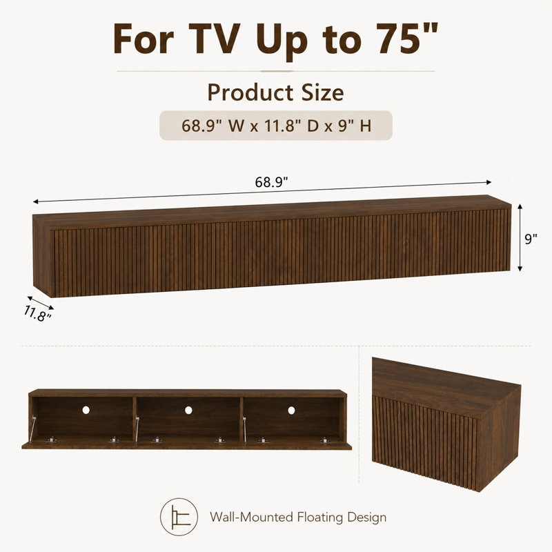 70" Walnut Floating TV Stand with LED Lighting