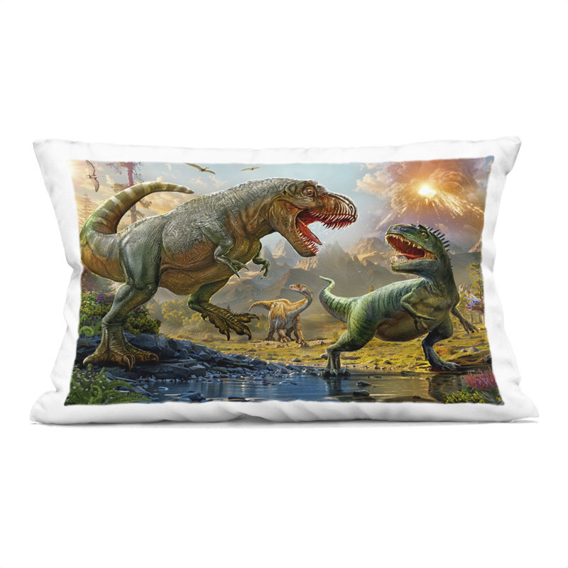 Coussin décoratif imprimé T-Rex Encounter at Riverbank, design par Henriette Chinaglia
