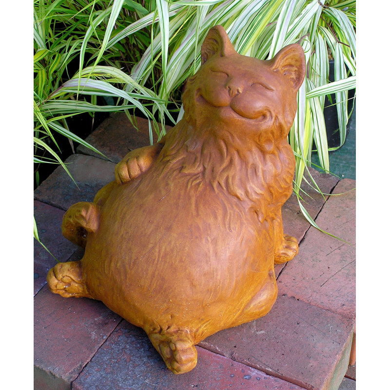 Reclining Happy Fat Cat Statue, Terra Cotta