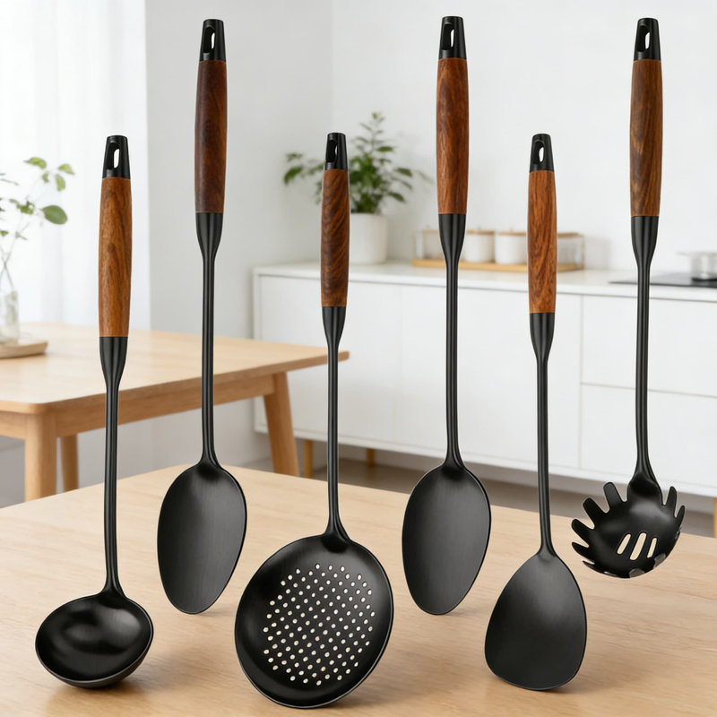 Ensemble d'ustensiles de cuisine 6 pièces en acier inoxydable avec poignée en bois résistant à la chaleur Professional