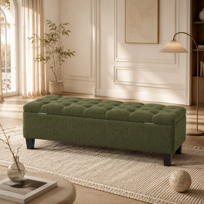 Banc repose-pieds avec rangement, surface bouclée verte, pieds en bois d'hévéa, capacité de 300 lb
