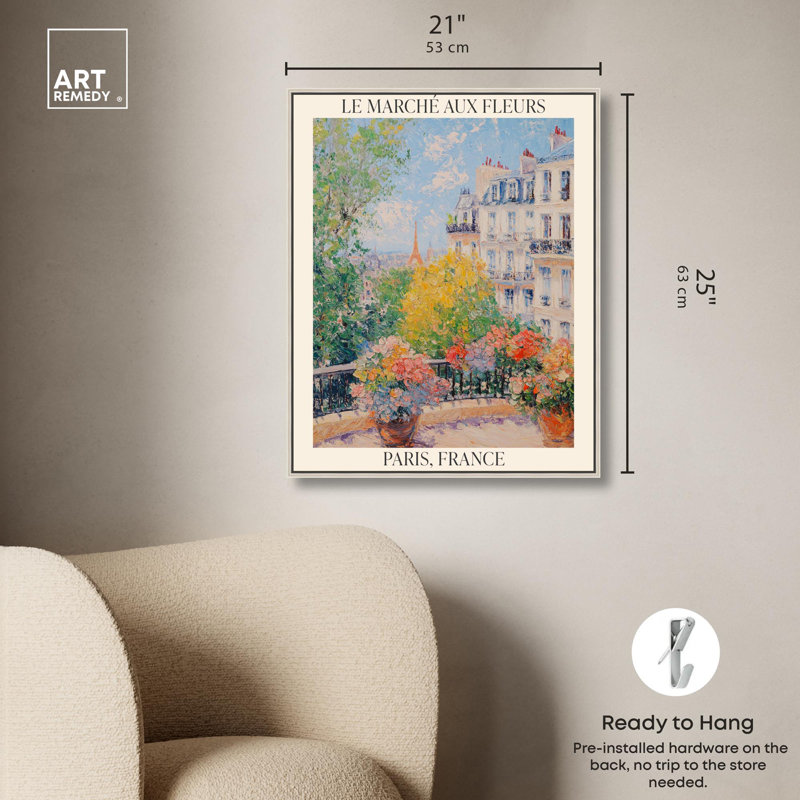 Affiche inspirée «Le Marché aux Fleurs Monet» par Art Remedy, H 25 po x l 21 po, Encadrement argenté