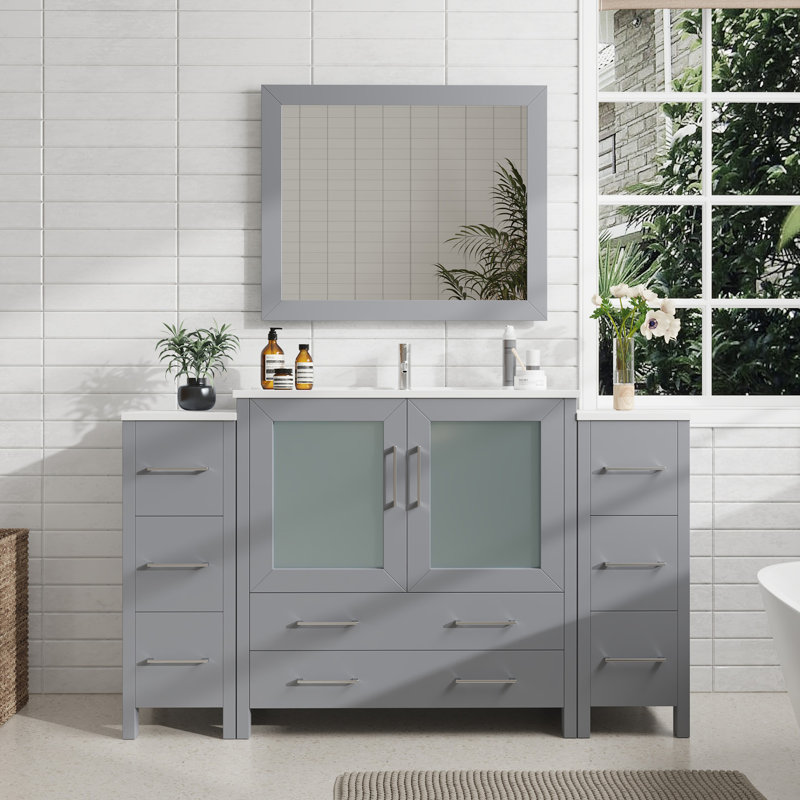 Brescia 60" Single Sink Freestanding Bathroom Vanity with Ceramic Top and Matching Mirror, Gray