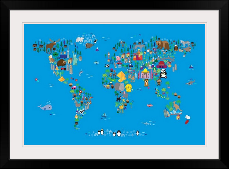 «Animal Map» par Correen, impression, Cadre noir, H 32 po x l 44 po x P 1 po