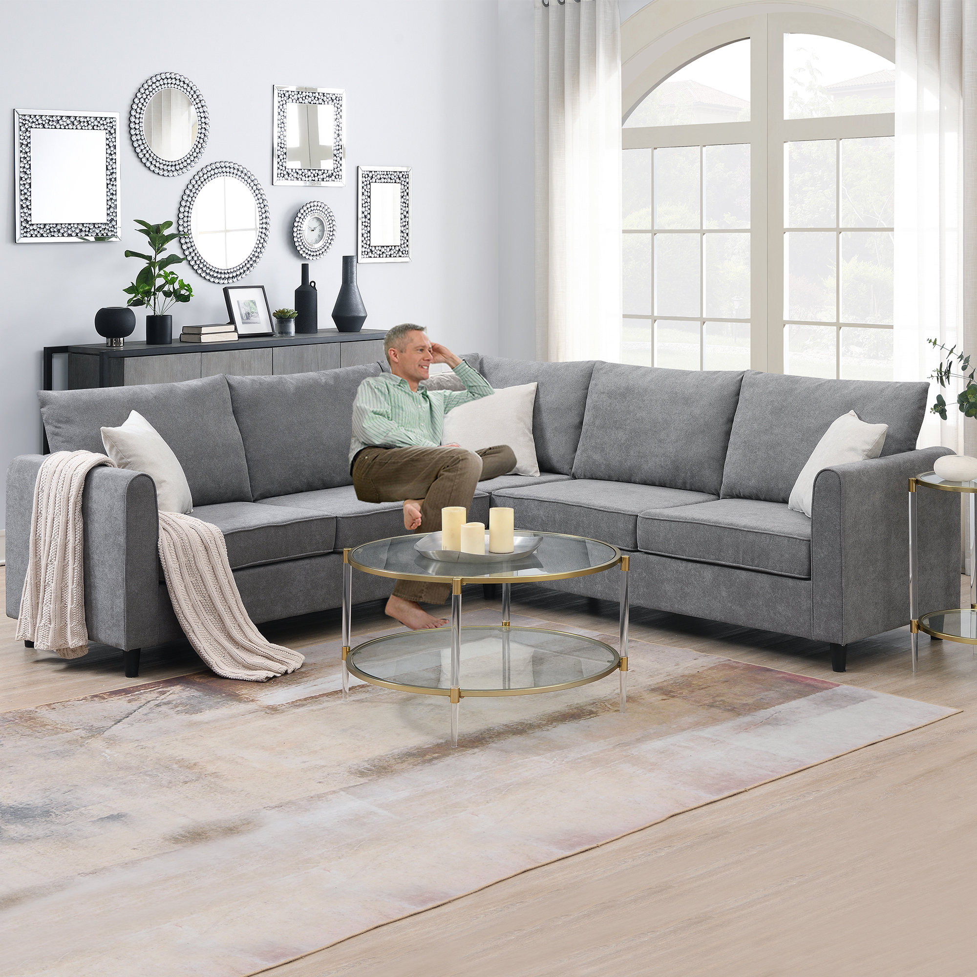 Digrazia L-Shaped Sectional Sofa Symmetrical Corner Modular Sofa Polyester  Sofa Set Modern Living Room Sofa Couch With Soft Back Cushion And Armrest 3