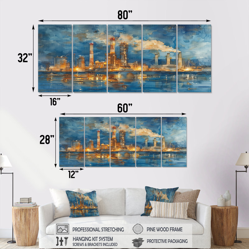 Ensemble de salon art mural gris et bleu - centrale électrique, H 28 po x l 60 po