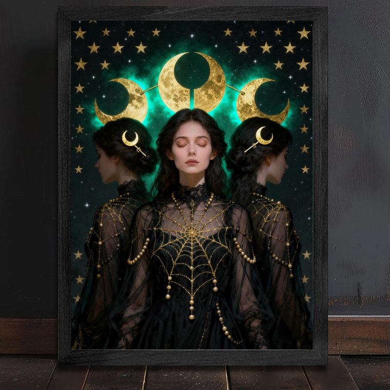 Art mural encadré noir, déesse de la lune rétro, impression de cadre mystique gothique céleste, H 37 po x l 25 po