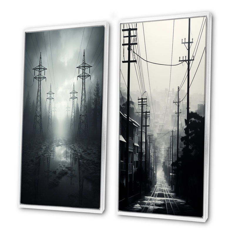 Silver Streaks Power Lines Fog - ensemble de 2 décorations murales Power Lines, Cadre flottant blanc, H 28 po x l 25 po