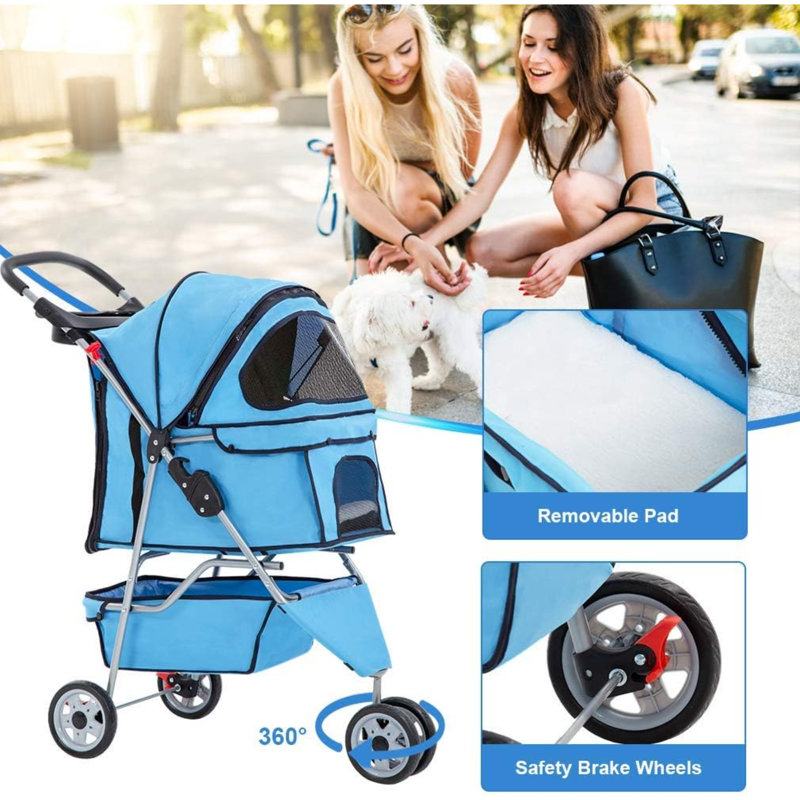 Blue 3-Wheel Folding Pet Stroller for Dogs