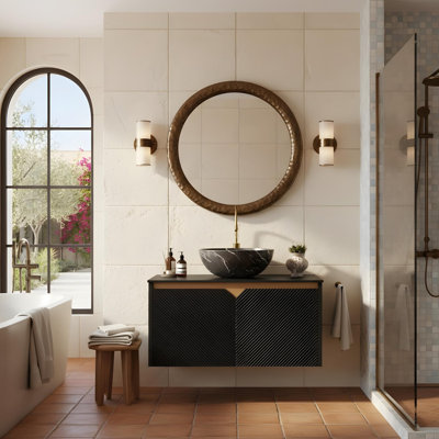 30" Bathroom Vanity with Black Stone-Patterned Ceramic Bowl and Black Sintered Stone Countertop