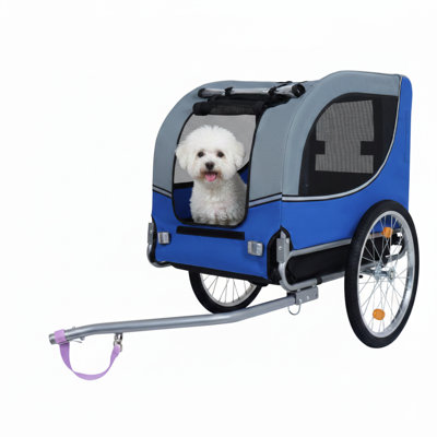 Spacious Folding Bicycle Trailer for Canines – Supports up to 66 lbs, All-Terrain Pet Transporter, Robust Steel Construction Ideal for Biking, Running, Camping & Outdoor Activities, Blue/Grey Colorway