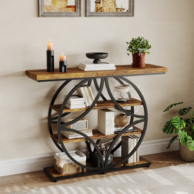 Console de 41,3 po avec 4 tablettes, table d'entrée industrielle moderne avec base ronde en métal, table d'appoint étroite pour le salon, le couloir, le vestibule et l'entrée