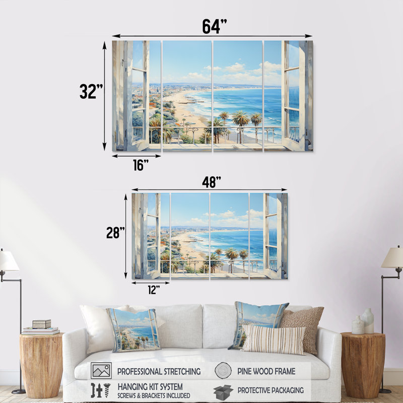 «Coastal Window View By The Beach I - Landscape», art mural 4 pièces, H 28 po x l 48 po