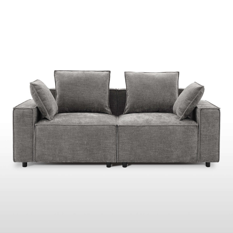 Canapé modulaire en chenille à accoudoirs carrés 78 po Makassar, Gris chenille