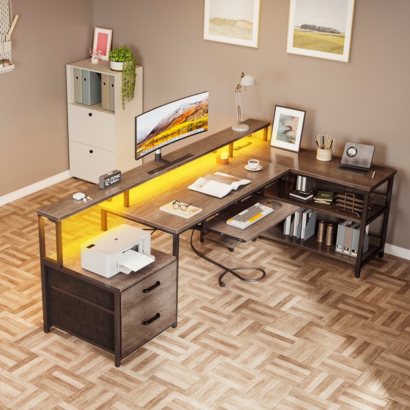Sholpan LED L-Shaped Desk with Cabinet with Power Outlets, Grey/Black, 35" H x 67.8" W x 39.4" D