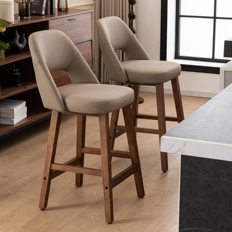 Upholstered Padded Counter Stools Armless Barstools With Wooden Legs For Kitchen Island Bar Counter, Khaki Faux Leather