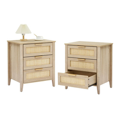 2 Pack Nightstand with Rattan Front & Metal Handle – 3-Drawer Accent Table for Bedroom or Living Room