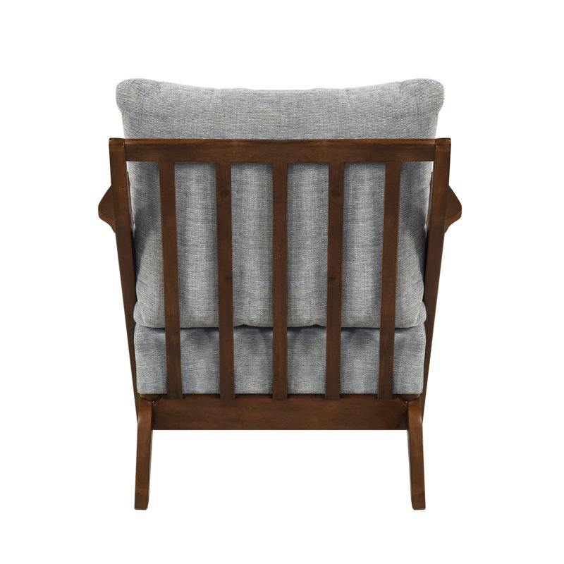 Fauteuil d'appoint moderne du milieu du siècle avec structure en bois d'hévéa massif, revêtement en chenille grise et finition marron
