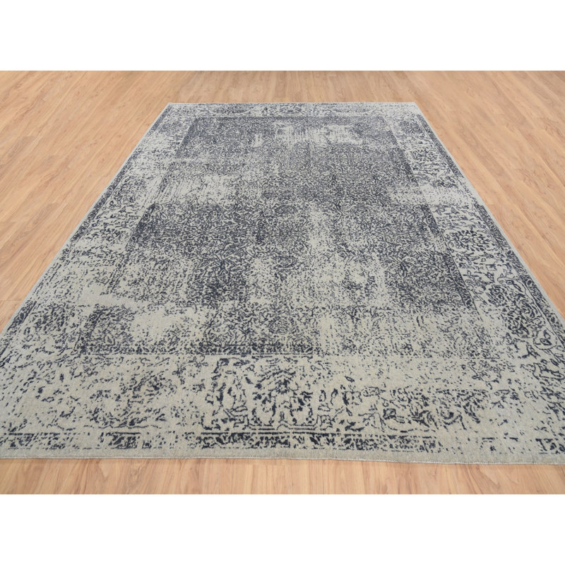 Tapis en jacquard gris clair de 9 pi x 12 pi avec motif effilé en laine et soie tissée à la main