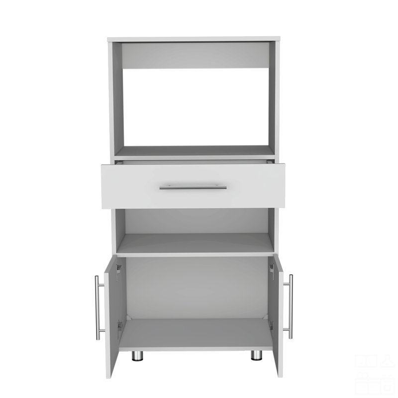 Kitchen Pantry H 48 po, deux tablettes de rangement ouvertes, une pour micro-ondes, deux portes, quatre pieds, blanc