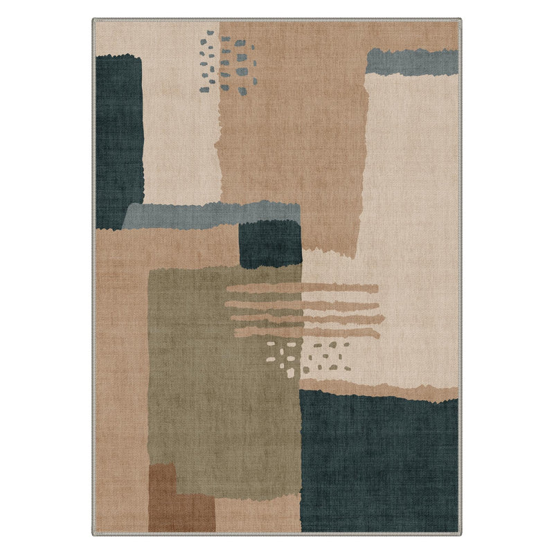 Abstract Blockhaus Vintage Machine Washable Toffee Brown / Beige Block Indoor Area Rug With Non-Slip Backing, Round 5'