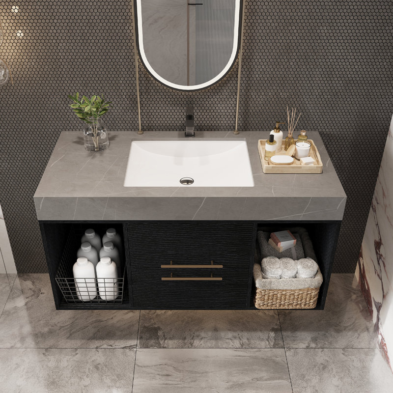 Meuble-lavabo flottant avec lavabo et tiroir mural à fermeture en douceur, Noir, gris