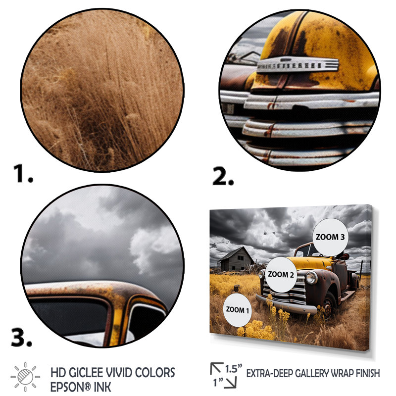 Yellow Pickup Truck Rustic Rides I - Transportation Wall Decor, H 34 po x l 44 po x P 1,5 po, Toile tendue
