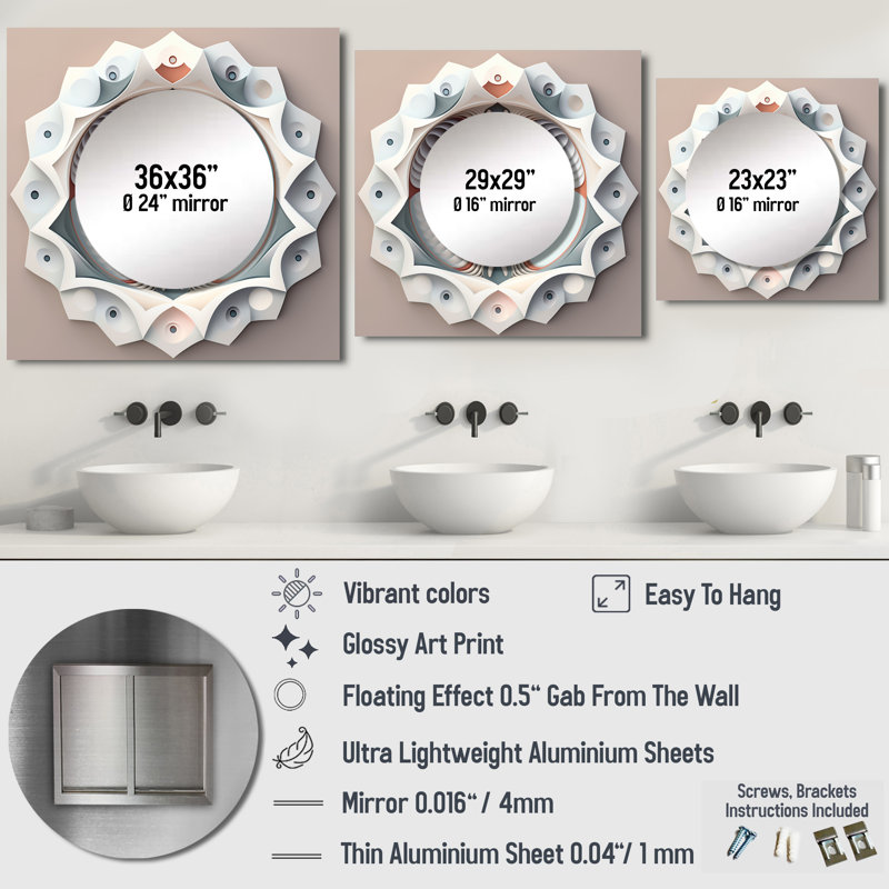 Visionnaire rêve rétro Mandala sur blanc VII - Grand miroir carré à spirales abstraites pour décoration murale, 23 po x 23 po