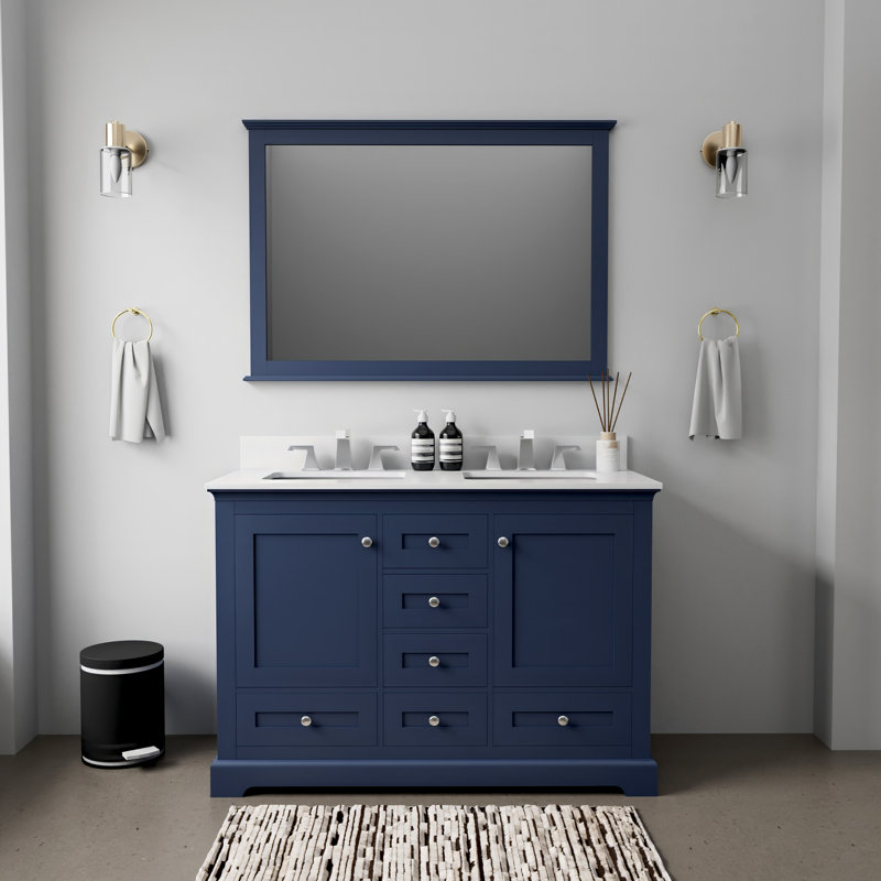 Dukes 48 in. W x 22 in. D Double Bath Vanity, Faucet Set, & 46 in. Mirror, Navy Blue, White Cultured Marble