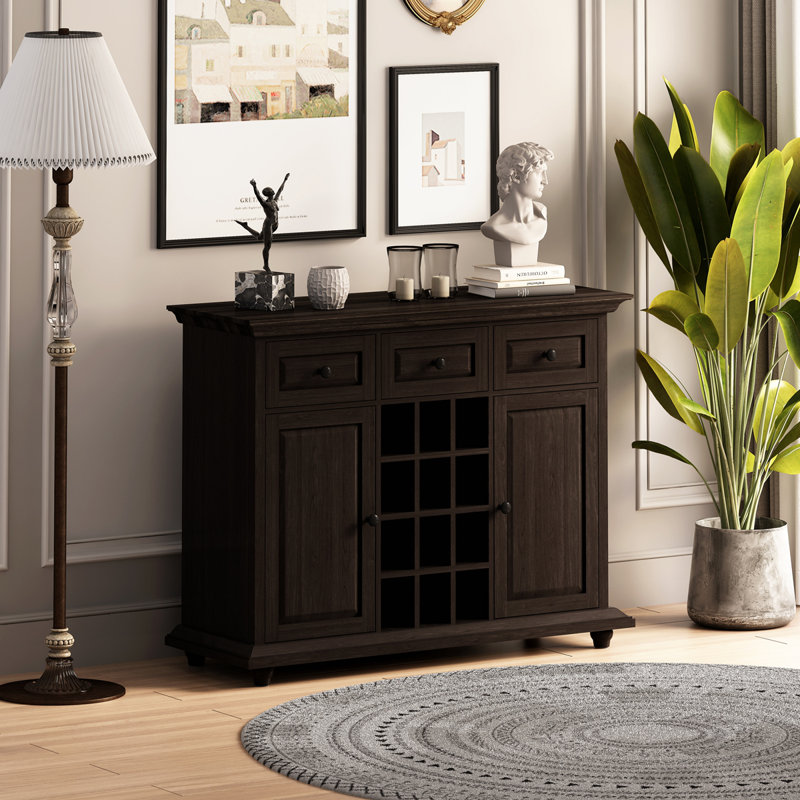 Armoire de rangement à 3 tiroirs et 2 portes de style rétro avec porte-bouteilles à 12 grilles