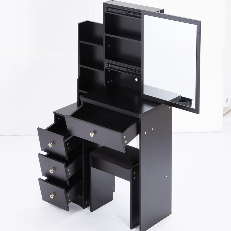 Paire de coiffeuse pour petit espace et paire de tabourets rembourrés, grand miroir coulissant, rangement multi-couches, meuble noir avec siège et grand rangement multi-couches pour les espaces compacts, design américain``, Ul