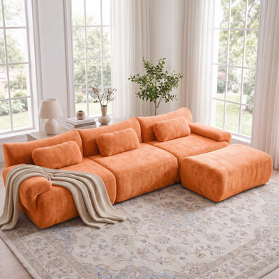 Robscott 126" L-Shaped Modular Sectional Sofa with Ottoman, Deep Seat Cloud Couch, Soft Plush Upholstery, Compressed Boneless Sofa for Living Room, No Assembly