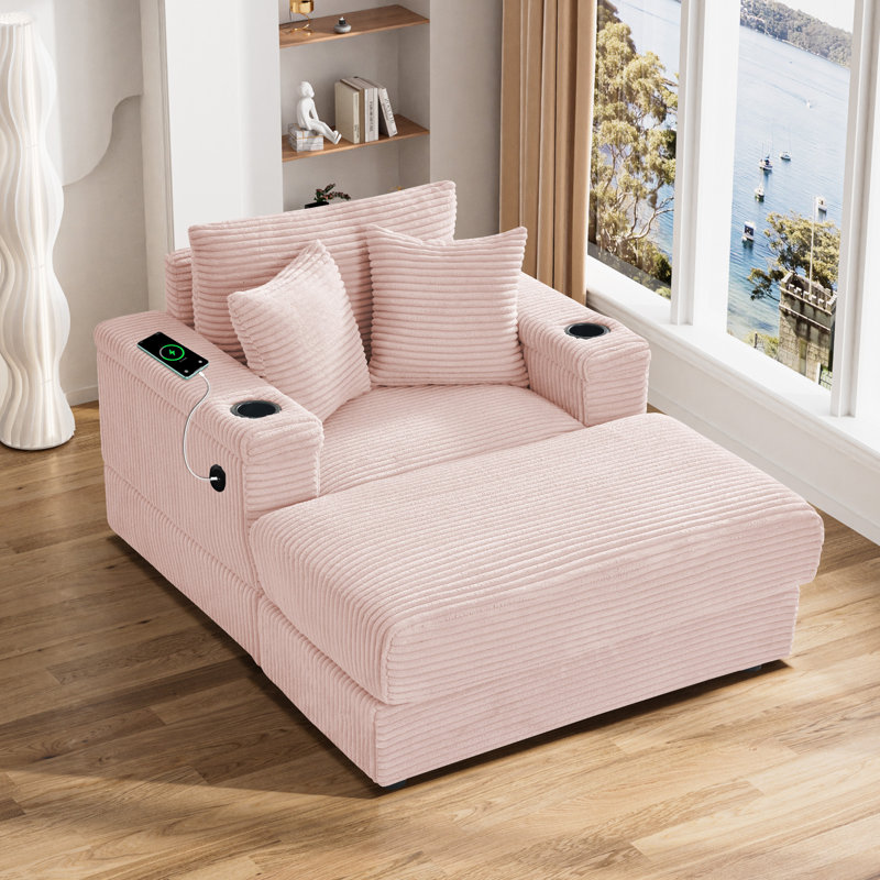 40" Oversized Corduroy Lounge Chair and Ottoman Set with Cup Holders and USB, Pink Corduroy