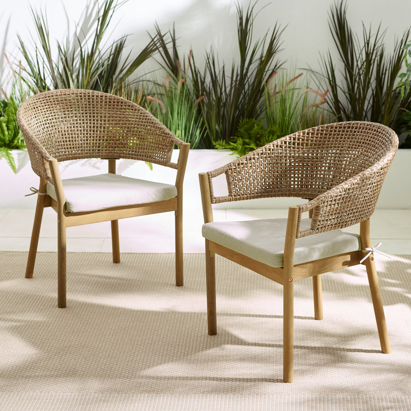 Ronja Solid Wooden Garden Outdoor Table Set With Wicker Dining Chairs - Modern Boho Style, 6
