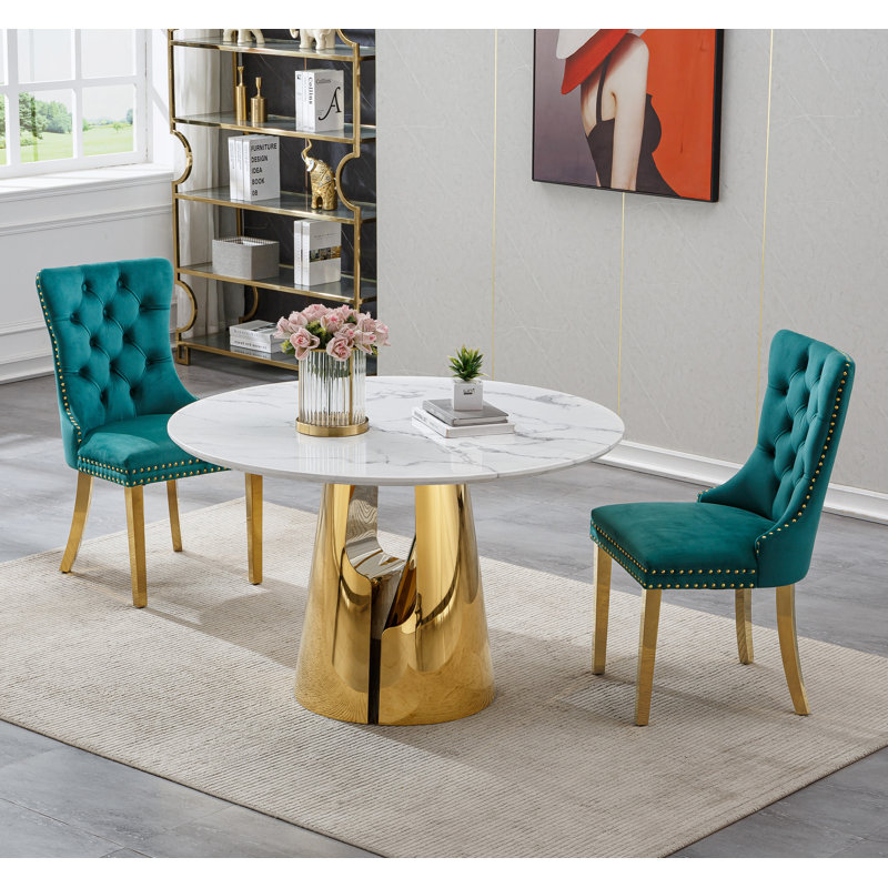 Dining Table Set, 45" Round Marble Dining Table with Velvet Dining Chairs, Circle Kitchen Table Set with Base, Dining Room Table and Chairs Set