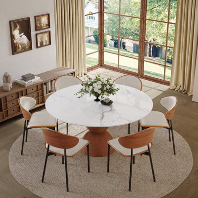 5-piece/7-piece Round Dining Room Set For 4/6, Kitchen Breakfast Nook Circle Dining Table and Chairs, Stone Top, Solid Wood Base