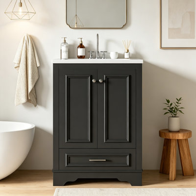 Meuble-lavabo de salle de bain avec lavabo, poignées en métal et portes à fermeture douce