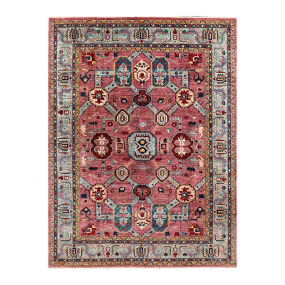 Tapis rouge / gris / beige unique de haute qualité noué à la main