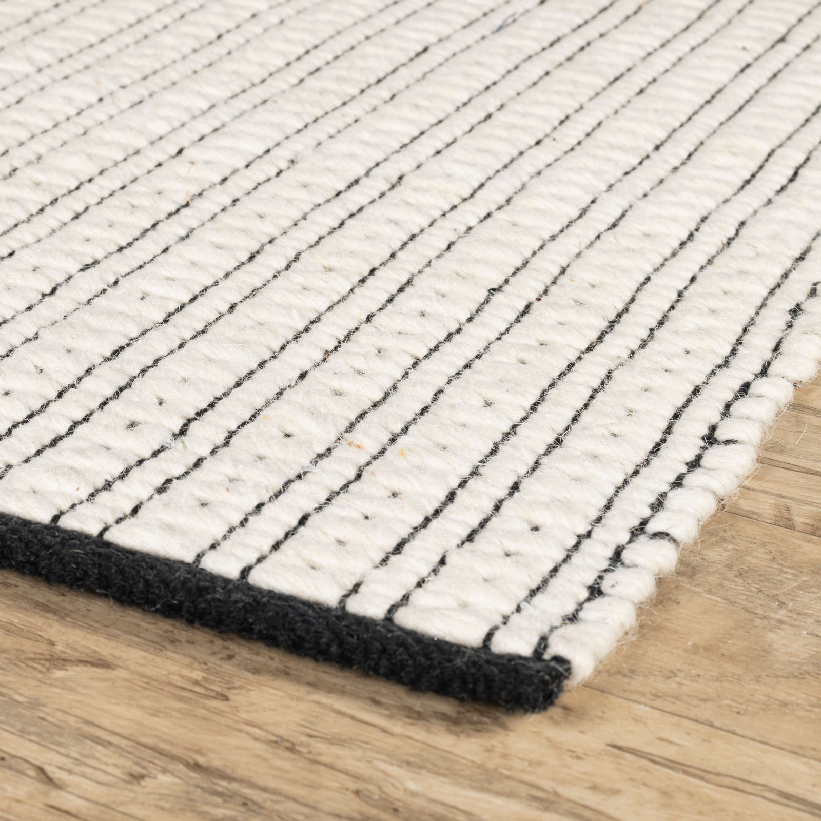 Ivory Black Hand-Woven Striped Wool Rug, Runner 2'6" x 8'