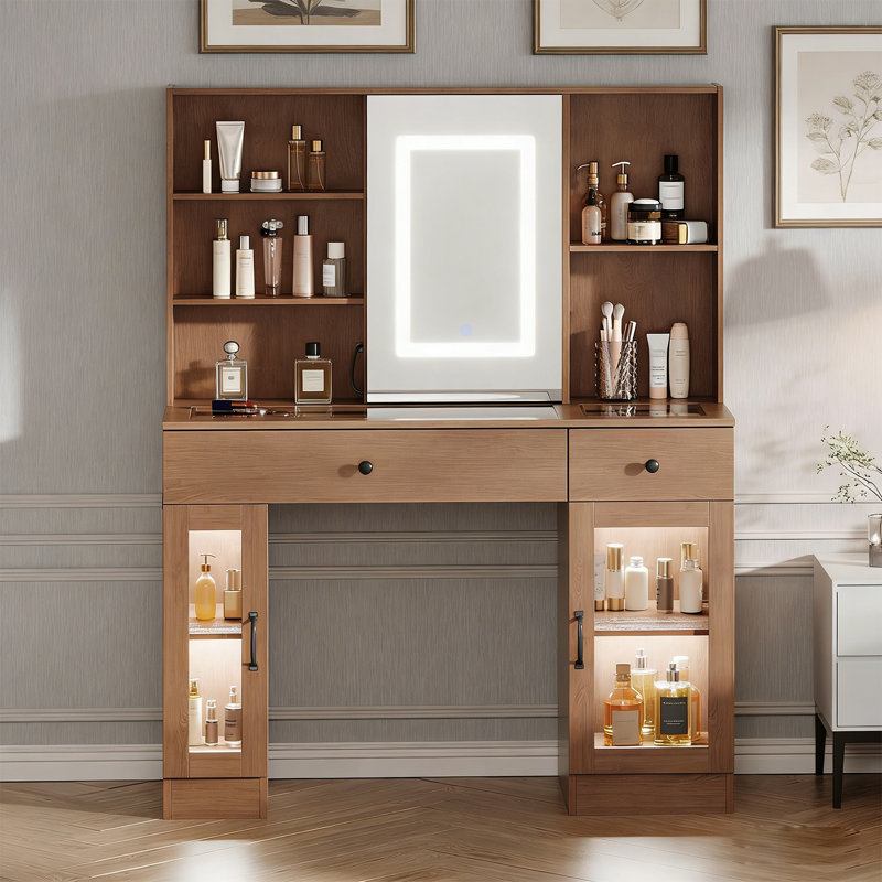 Table de coiffeuse avec miroir et lumières, Crème