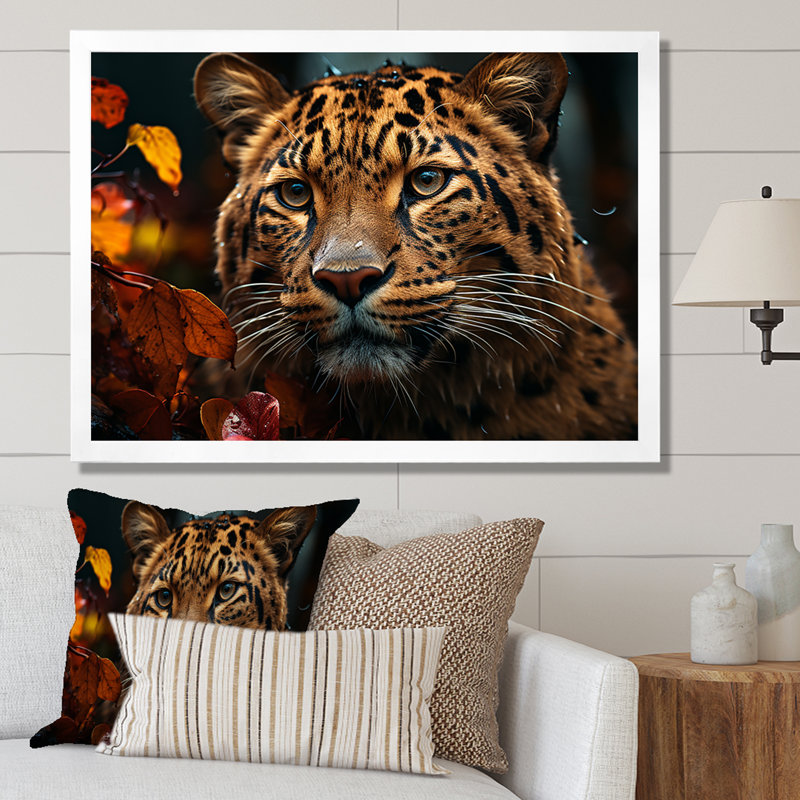 Photo de léopard en automne II - art mural léopard / guépard, Cadre flottant brun, H 24 po x l 32 po x P 1 po
