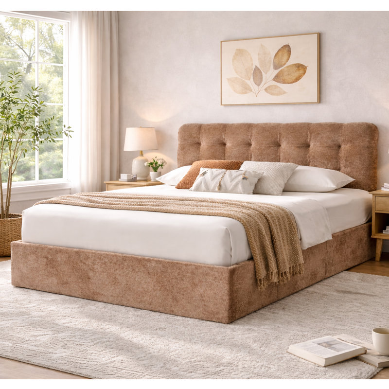 Lit plateforme tapissier avec rangement Arcadia, Velours brun, Grand