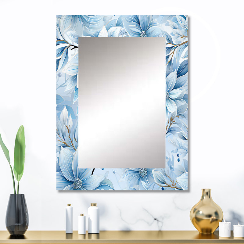 Jazmyn Arctique brise bleue marguerite - grand miroir floral, miroir mural décoratif de campagne, art en métal imprimé