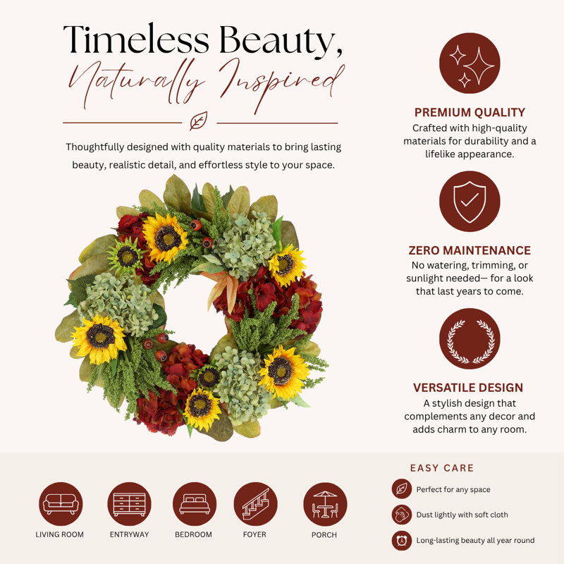 26" Sunflower and Hydrangea Fall Wreath