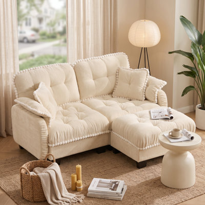 Cream Beige 2 Seat Chenille Cloud Sofa with Movable Ottoman Deep Tufted Cushions and Pom Pom Trim